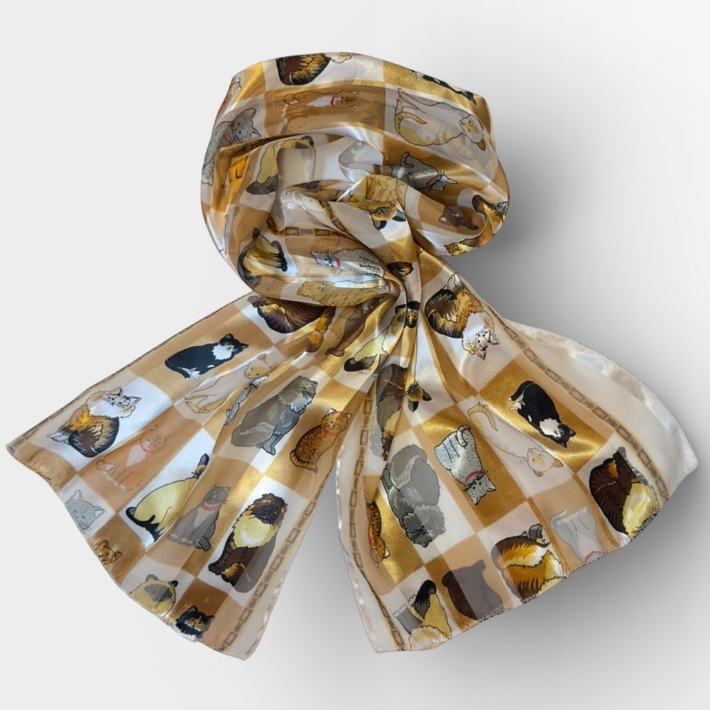 Vintage Yellow Gold White Cat Silk Scarf 13x60